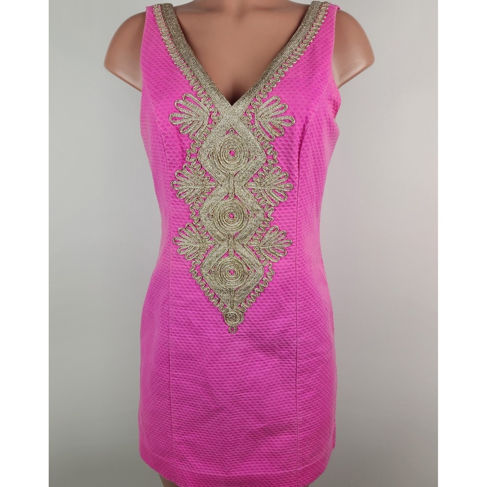 Lilly Pulitzer Hot Pink V-Neck Mini Dress with Gold Embellishment